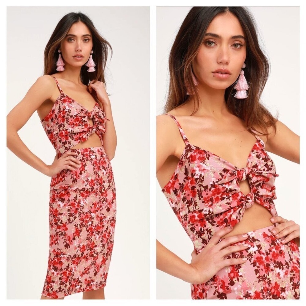 WAYF Victoria Pink Floral Print Tie Front Cutout Midi Dress Mauve Women's XS New